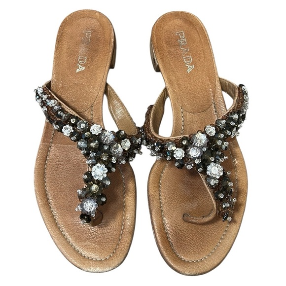 Prada Women's Leather Tan and Brown Beaded Sandals size EU 38 US 8 - Picture 16 of 16